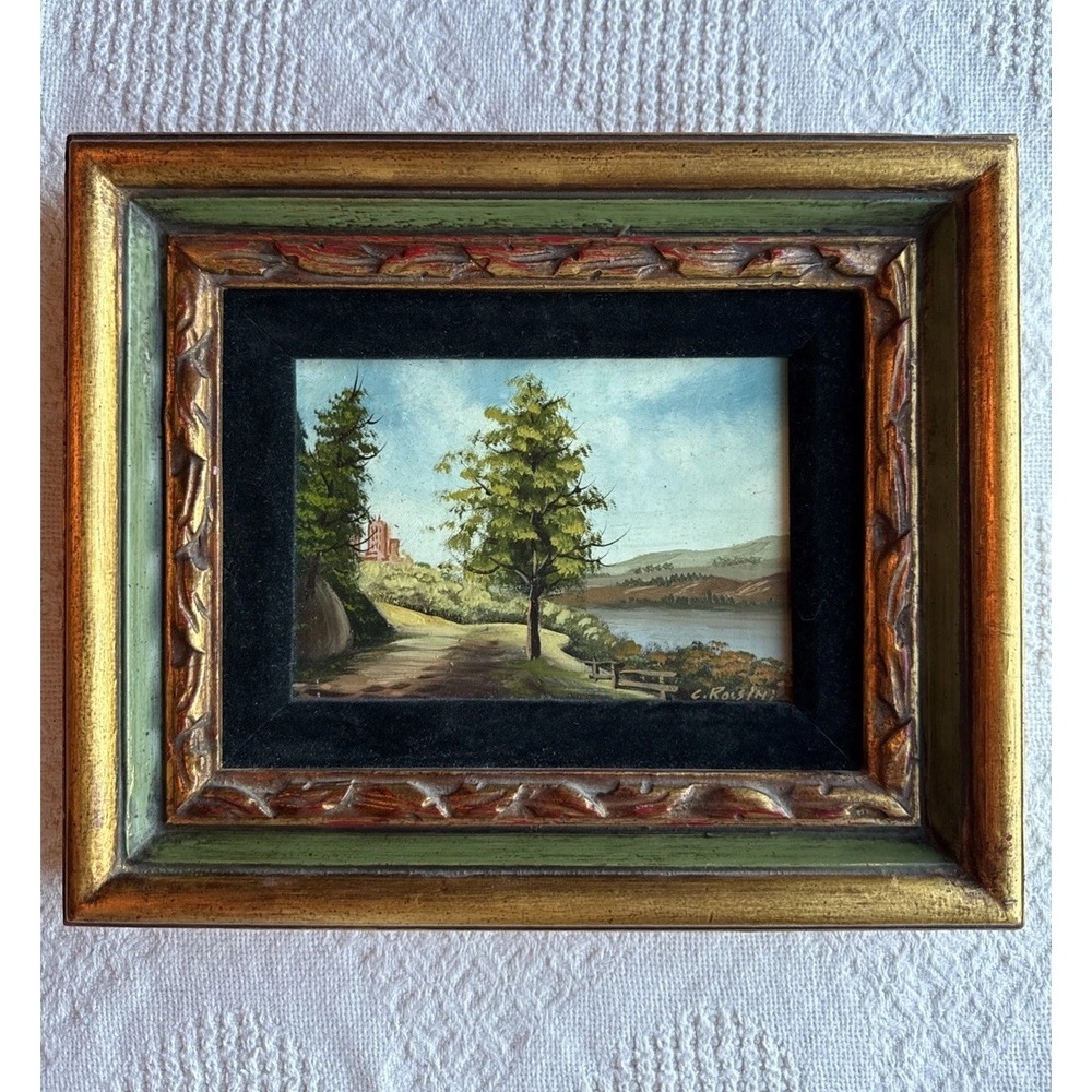 Countryside Signed Art Oil Painting Framed 11 X9" Gold Green Red Frame VTG